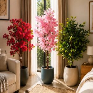 Combo-Red Bougainvillea Tree, elegant Pink Cherry Blossom Tree,lush Green Ficus Tree.
