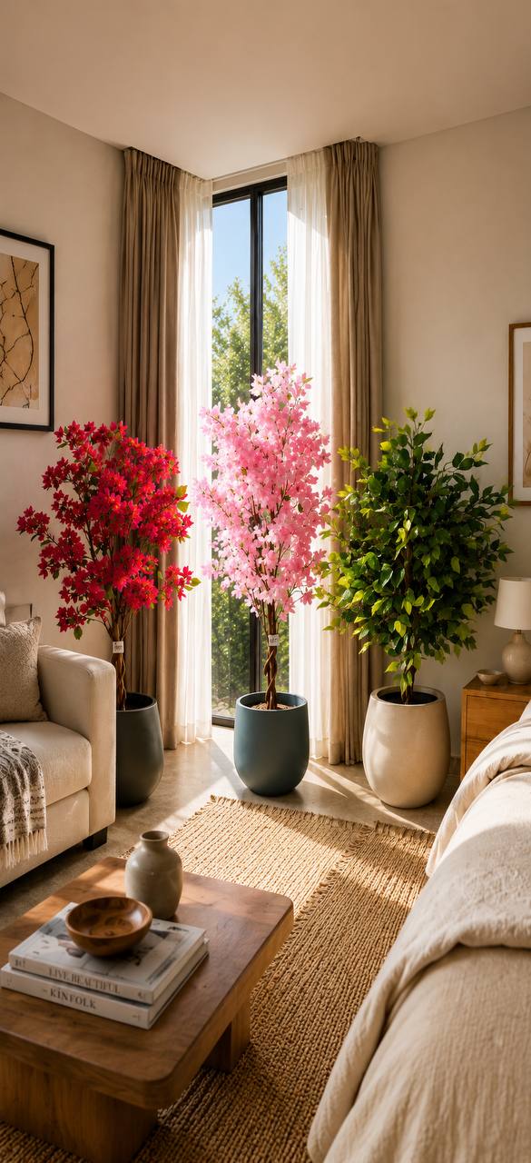 Combo-Red Bougainvillea Tree, elegant Pink Cherry Blossom Tree,lush Green Ficus Tree.