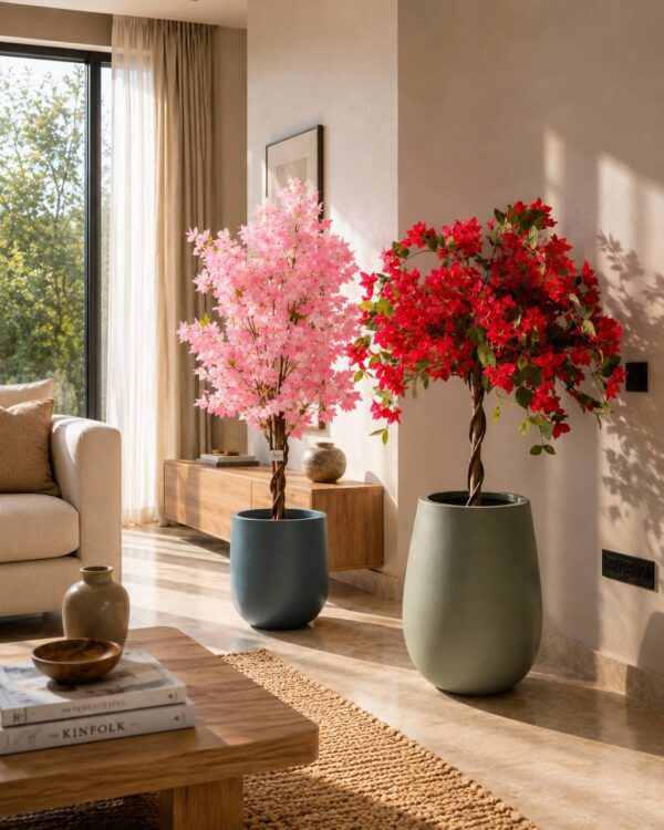 Combo-Red Bougainvillea Tree and Artificial Pink Cherry Blossom Tree
